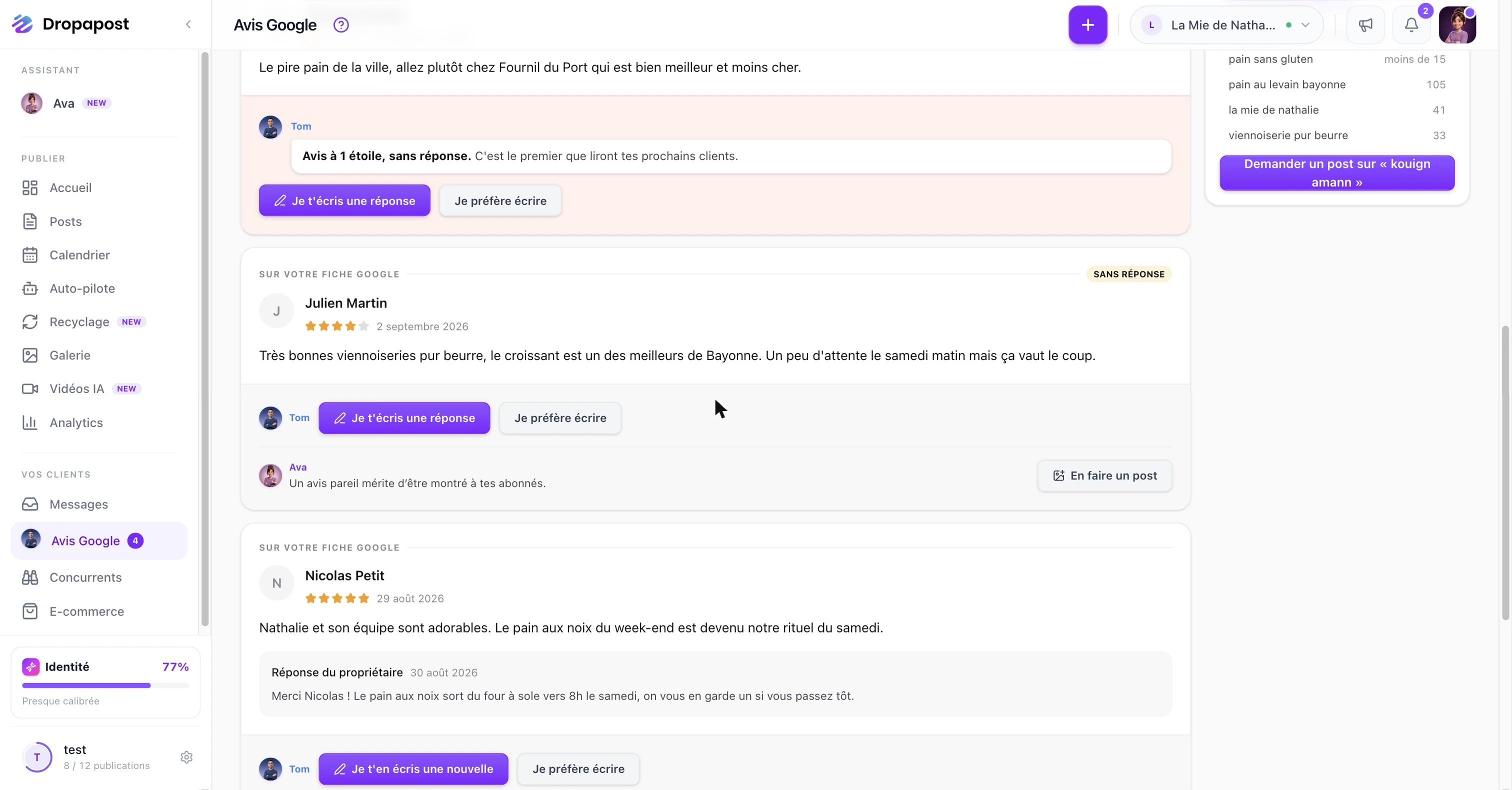 Un avis à 1 étoile sans réponse, avec l'alerte de Tom : « C'est le premier que liront tes prochains clients »