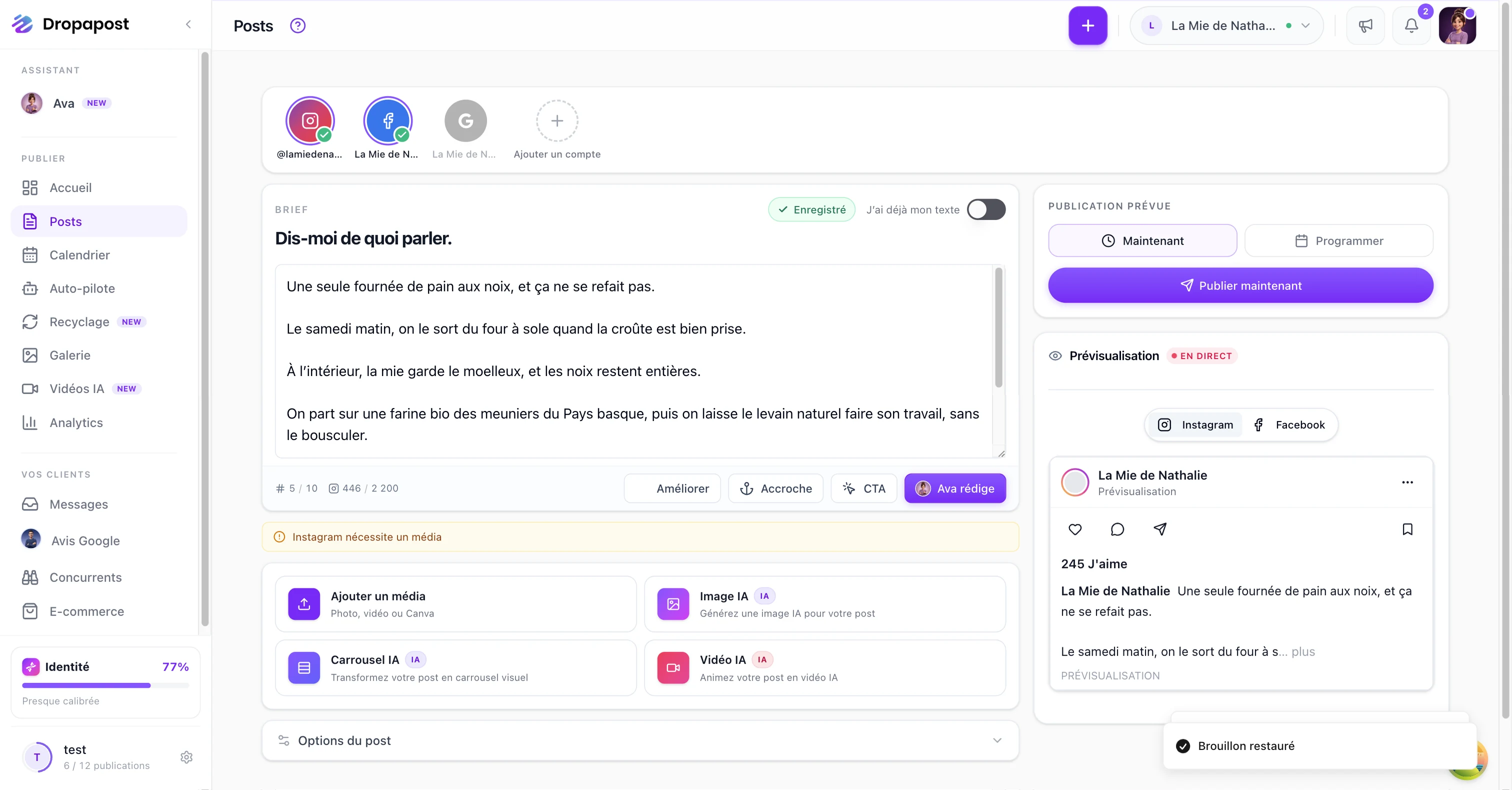 La page Créer un post avec les comptes Instagram et Facebook sélectionnés