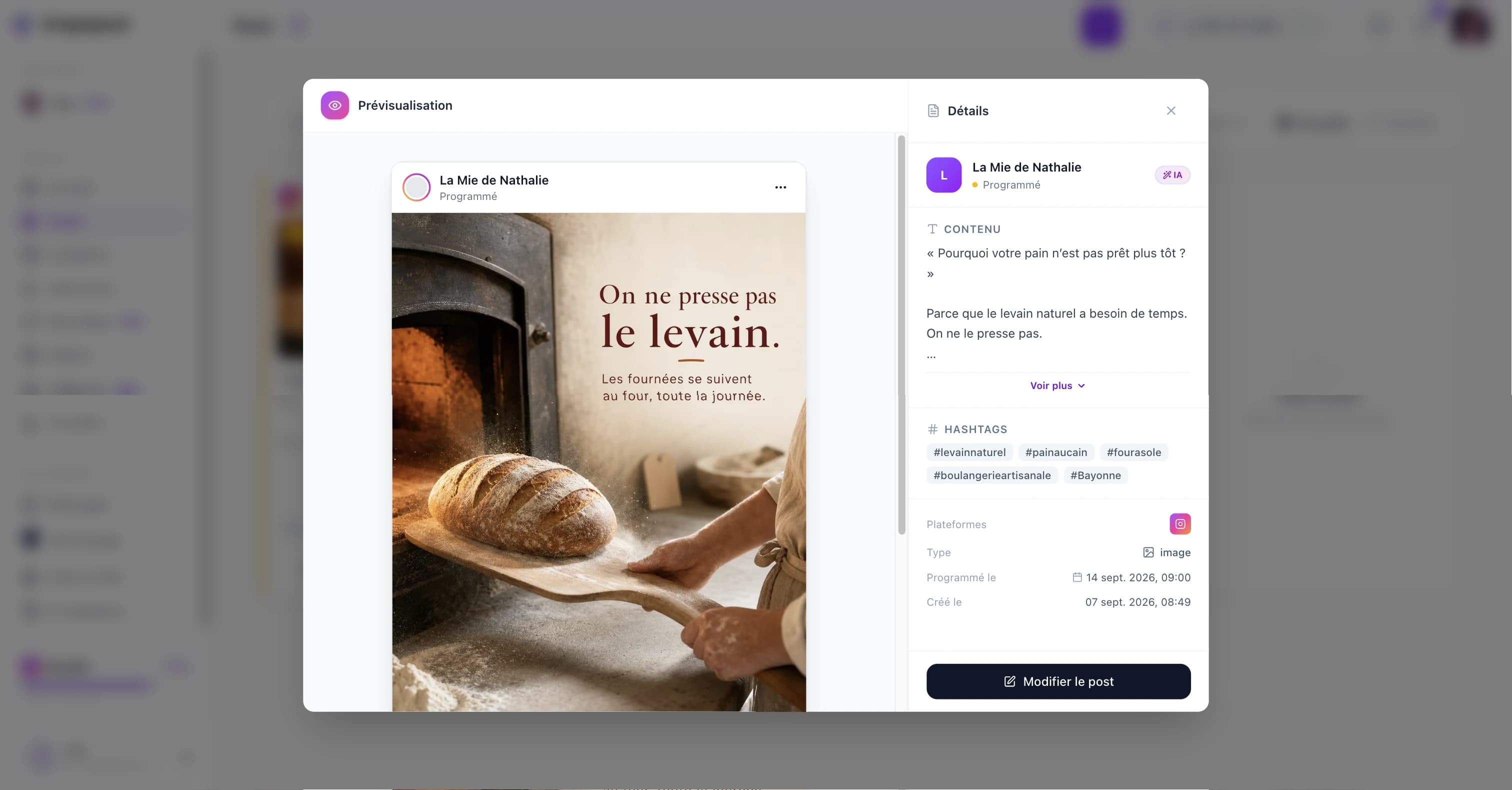 La prévisualisation d'un post programmé avec son visuel et ses détails