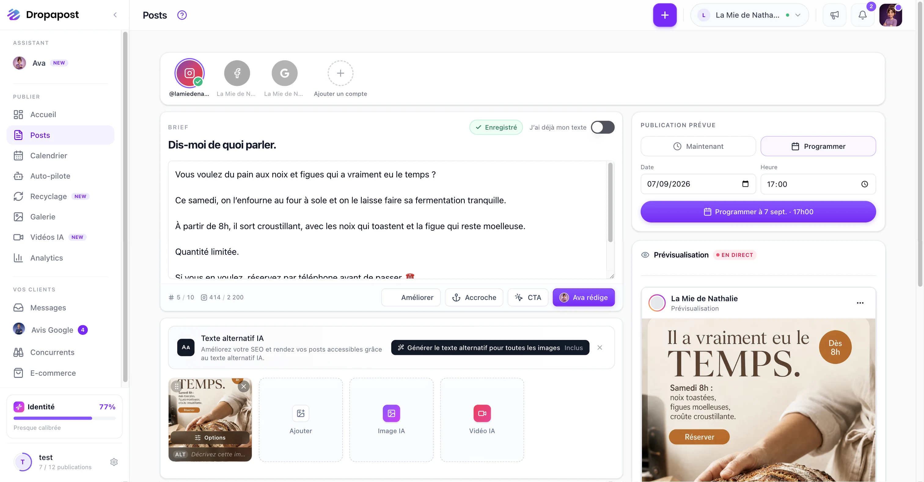 Le bloc Publication prévue de la page Créer un post : date, heure et le bouton Programmer à 7 sept. · 17h00