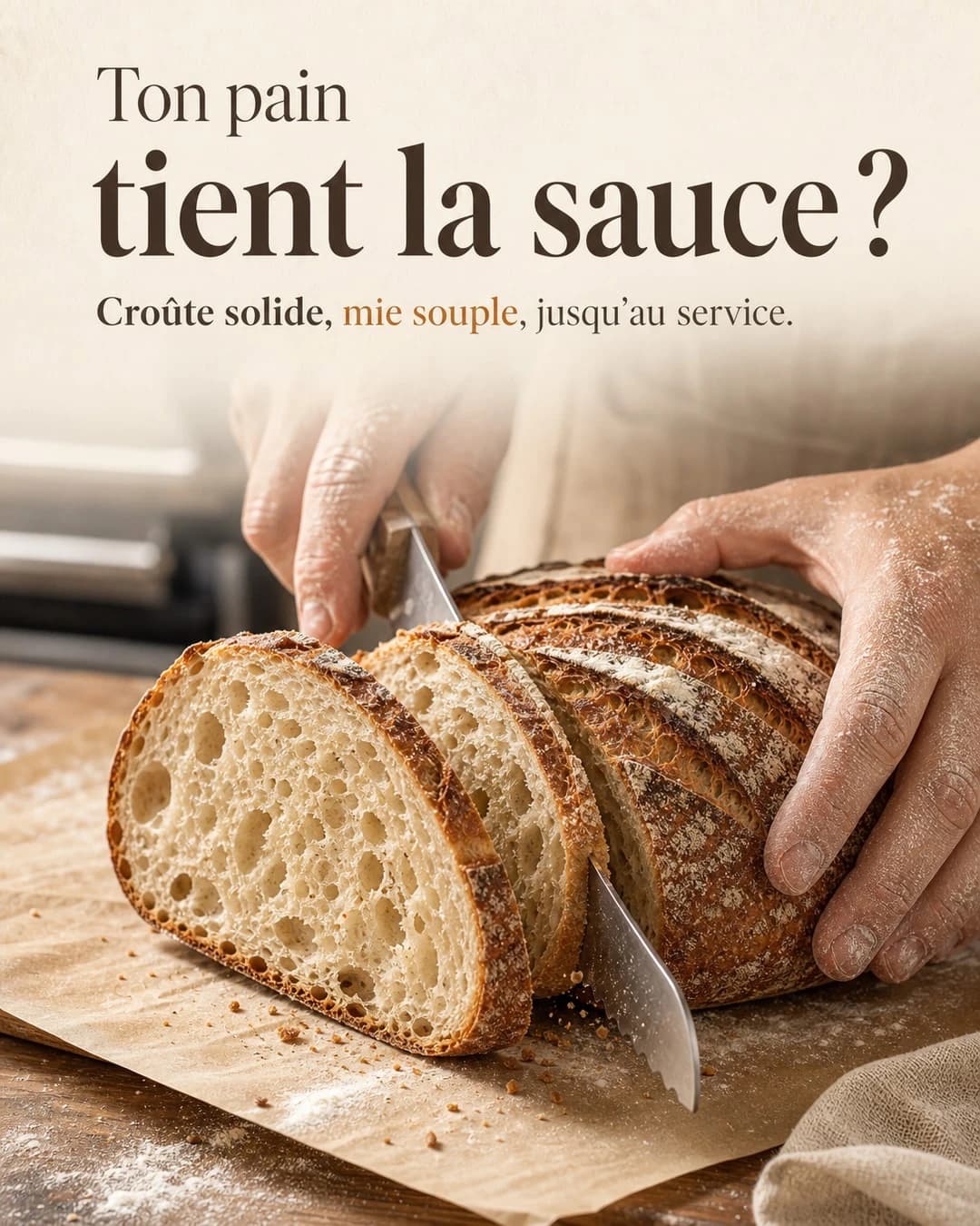 Un visuel 4:5 créé par Ava pour un post Instagram de boulangerie, titré « On ne presse pas le levain. »