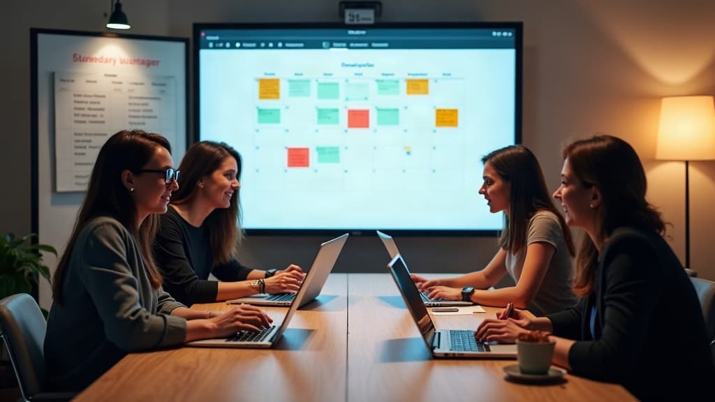 Équipe marketing réunie devant un calendrier éditorial numérique partagé