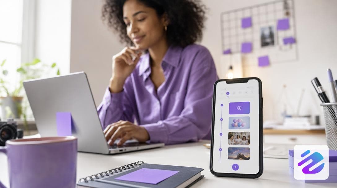 Smartphone montrant une Story Instagram programmée sur un calendrier éditorial, avec un·e freelance travaillant sur un laptop