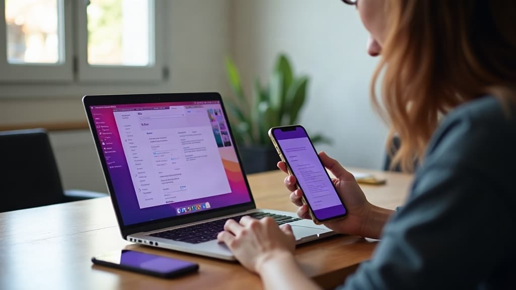 Gestionnaire travaillant à programmer des posts Instagram sur laptop montrant l’app Instagram, Business Suite et un outil de
