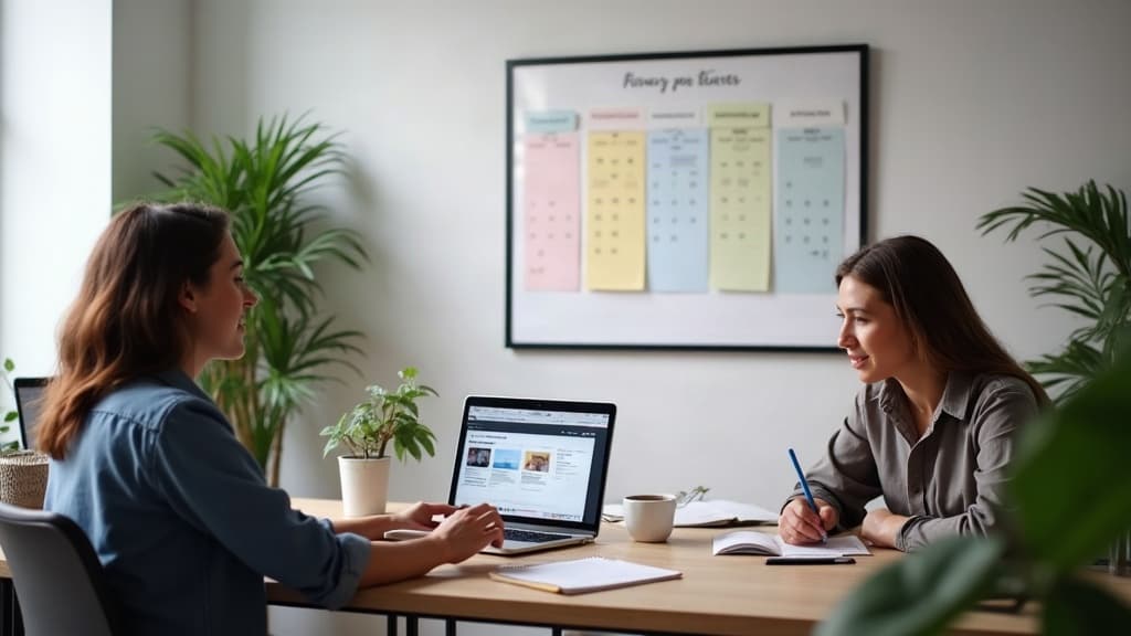 Bureau avec ordinateur montrant un calendrier éditorial à 4 piliers : éducation, produits, preuve sociale, offres