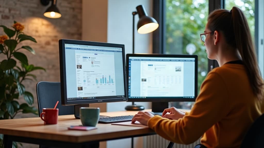 Community manager utilisant un calendrier éditorial sur deux écrans, illustrant l’automatisation des réseaux sociaux