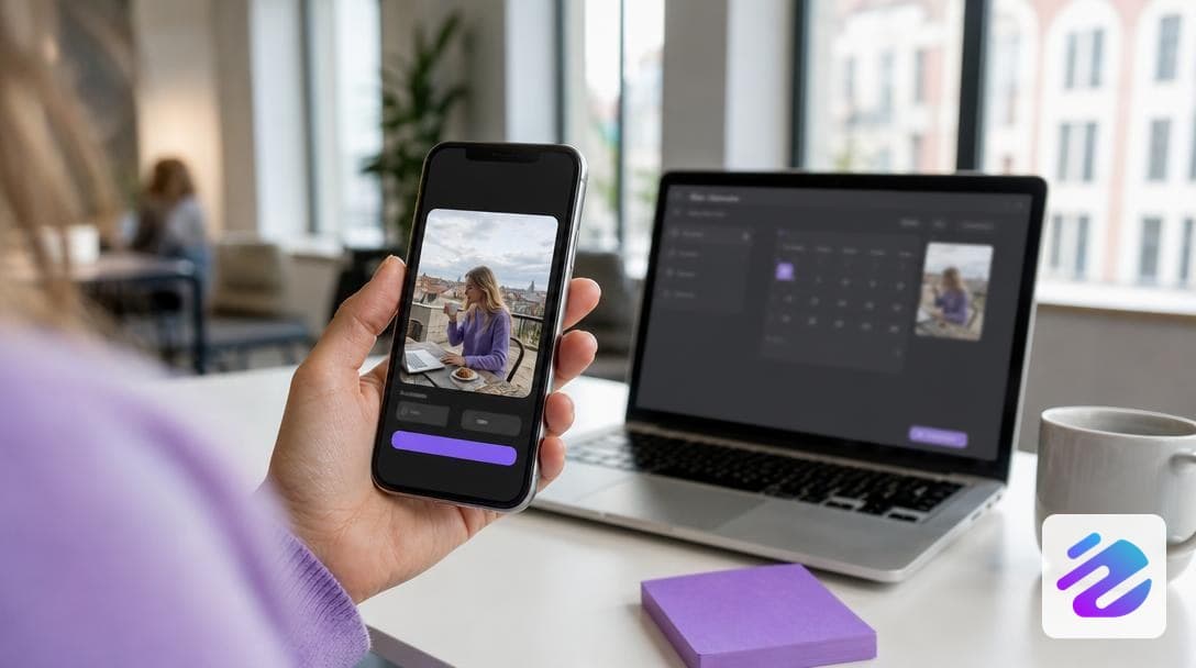 Smartphone affichant une vidéo TikTok verticale programmée depuis un ordinateur