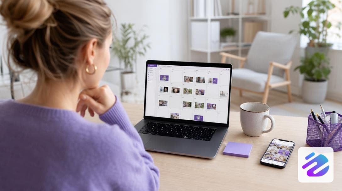 Ordinateur portable affichant un outil community manager avec un calendrier éditorial
