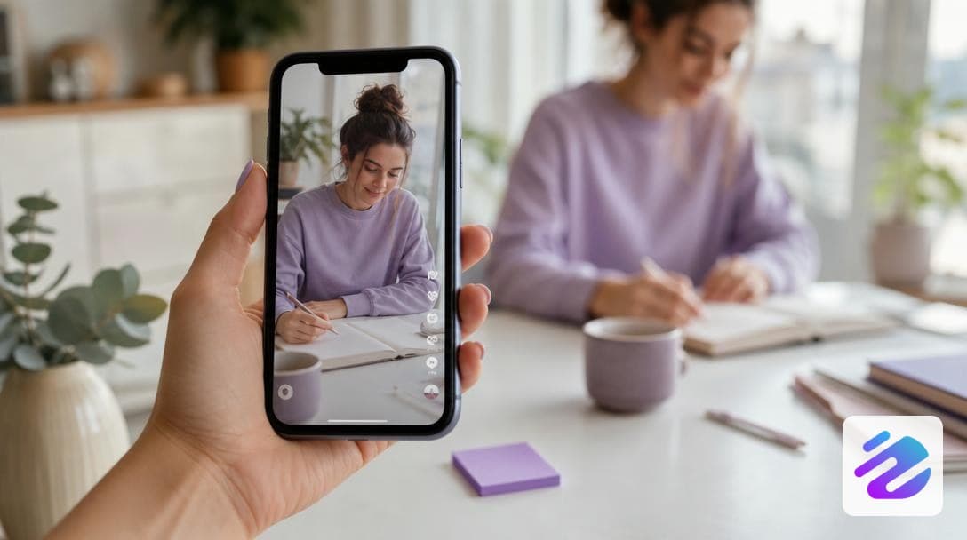 Main tenant un smartphone vertical affichant un Reel Instagram au format 9:16 à programmer