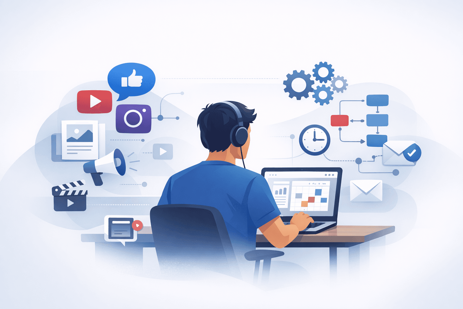 Community manager planifiant un calendrier de contenus automatisé sur ordinateur