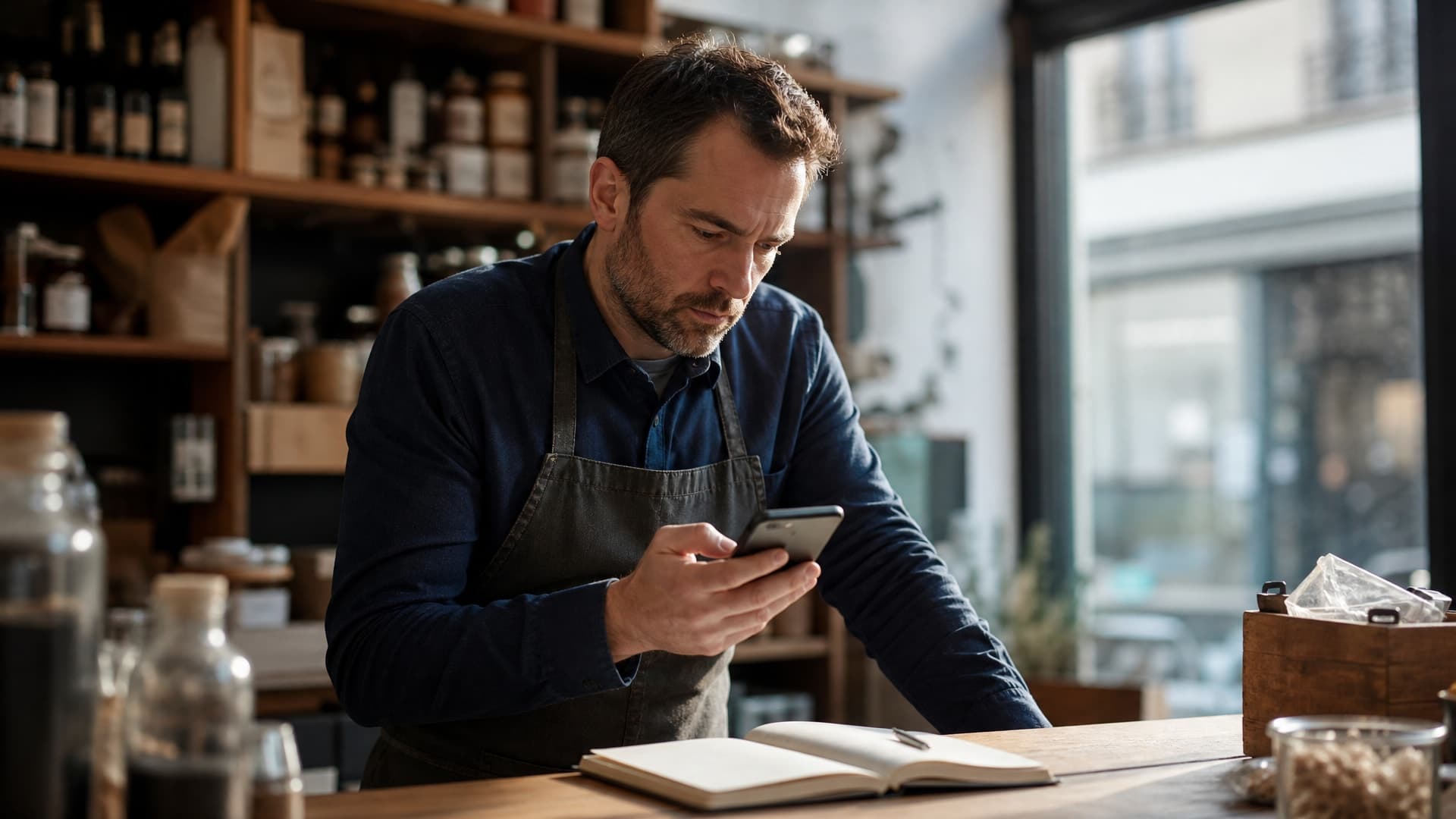 Commerçant relisant un avis sur smartphone, carnet de notes à côté
