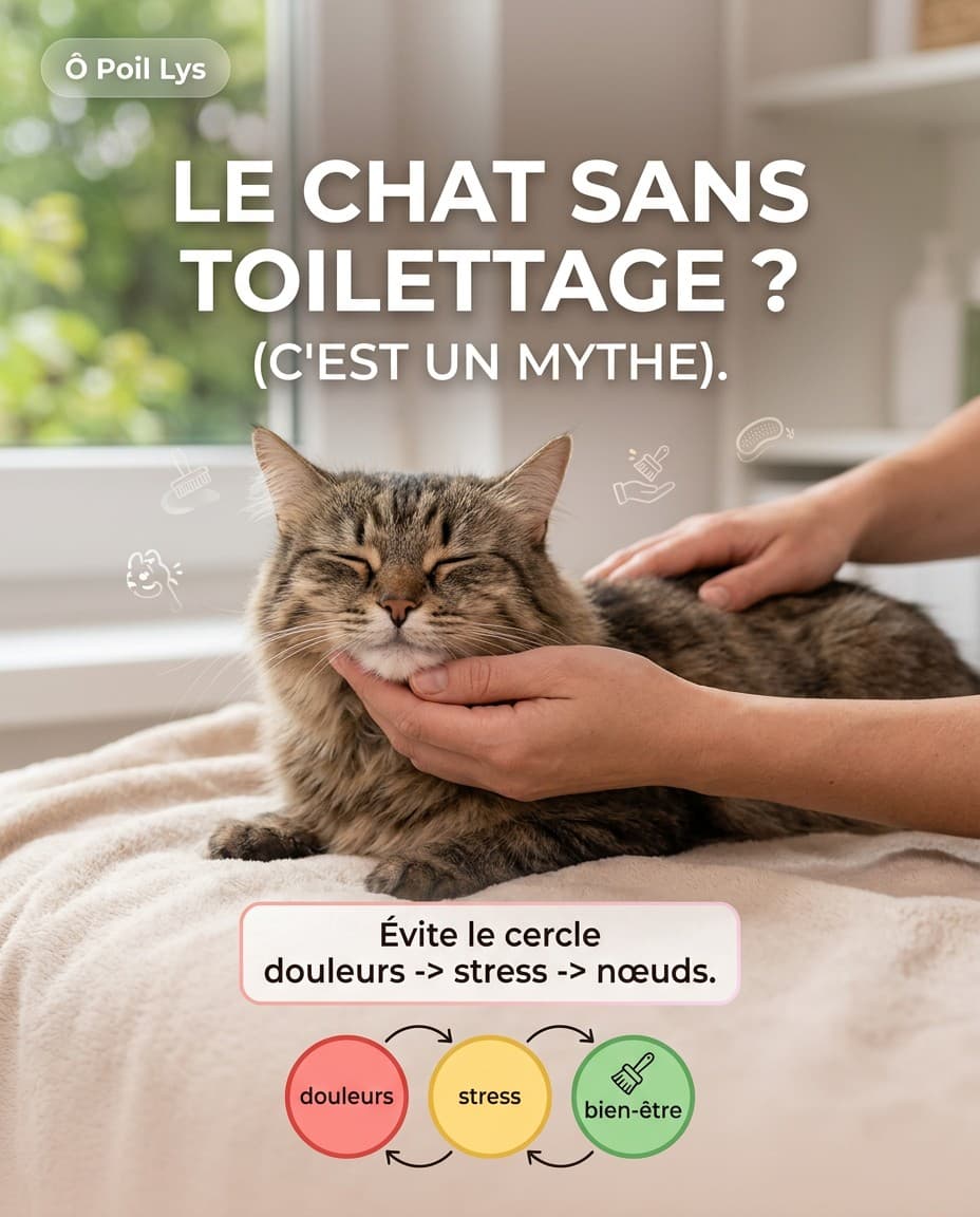 Mythe : « Mon chat se toilette tout seul, donc tout va bien. »
Réalité 😺
1) Les nœuds tirent sur la peau → inconfort
2) L’inconfort crée…